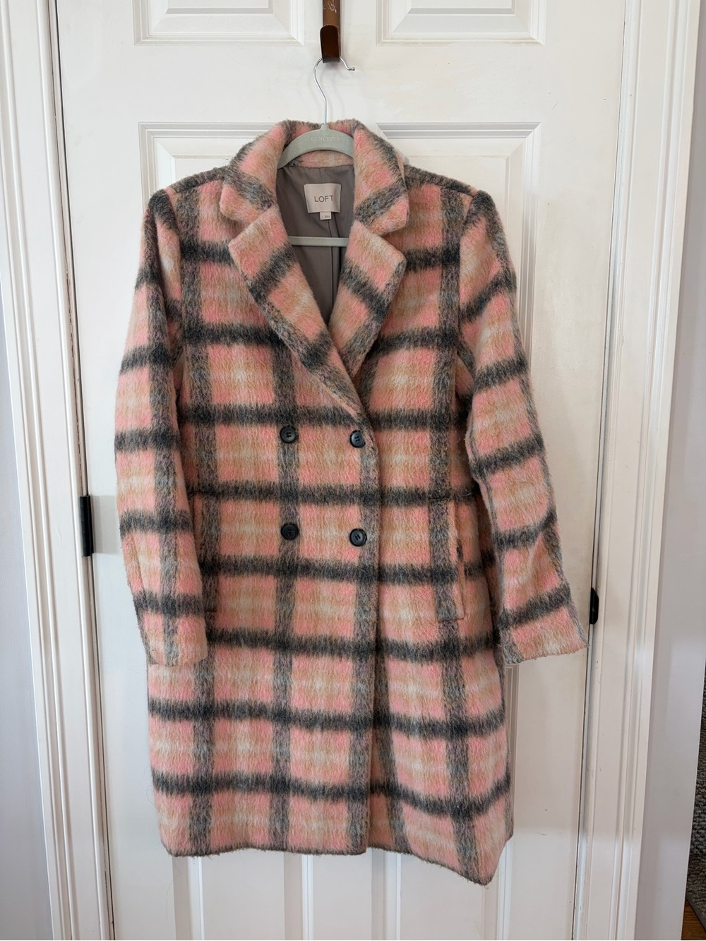 LOFT Pink and Gray Plaid Double-Breasted Pea Coat